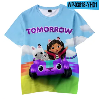 2022 Лятна Тениска Сладък Kawaii Gabbys с Кукла Дом, Детска Цветен 3D Фланелка с Къси ръкави за момичета, Женска Риза в стил Времена