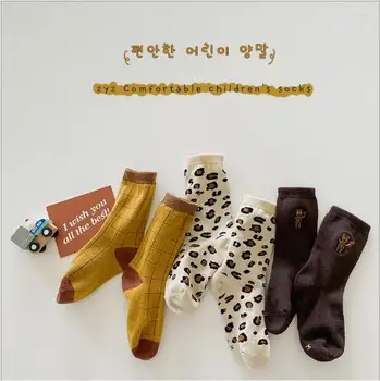 3 чифта в опаковка, от 1 до 8 години, от 2021 г., есенно-зимни каре чорапи-тръбички с леопардовым принтом за момчета и момичета, сладки бебешки чорапи от чесаного памук