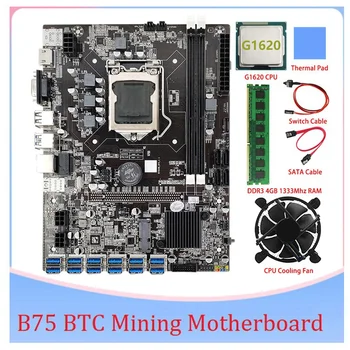 B75 дънна Платка за майнинга БТК 12 PCIE към USB LGA1155 4 GB DDR3 1333 Mhz RAM + ПРОЦЕСОР G1620 + кабел SATA B75 ETH Миньор за майнинга