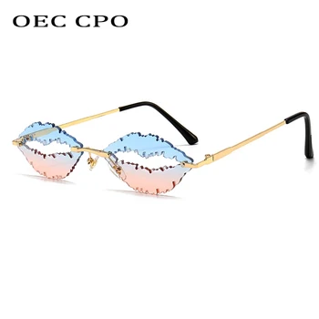 OEC CPO Модни Слънчеви Очила Без Рамки Женски Уникални Очила във Формата На Устните Кристални Океански Лещи Слънчеви Очила Мъжки Нюанси UV400 Oculos O728