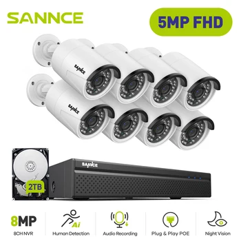 SANNCE 8CH 5MP Кабелна NVR POE Камера Система за Сигурност 5MP IP66 Открит IR-CUT ВИДЕОНАБЛЮДЕНИЕ Canera Видеонаблюдение Dvr Комплект