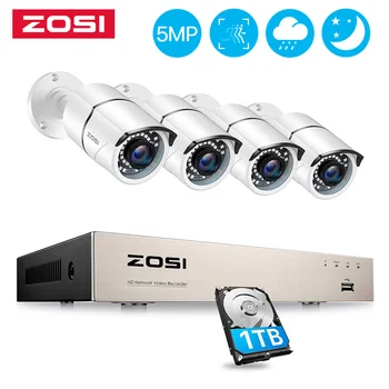 ZOSI H. 265 + 8CH 5MP POE за Сигурност IP Камера Система Комплект 8x5 Мегапиксела Super HD Камера Водоустойчива Външно Видеонаблюдение, Видео Наблюдение NVR Комплект