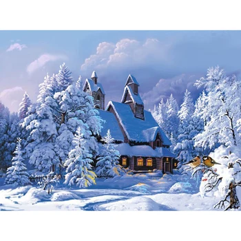 Бескаркасный Коледа Снежна Къща Пейзаж САМ Картина От Номера Ръчно Рисувани с маслени Бои, За Всекидневна Монтиране на Произведение на Изкуството 60x75 см