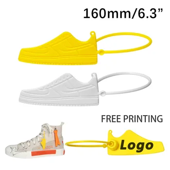 Логото на вземане 100pcs обичай на бирках етикети AJ с еднократна бяла пластмасова марка публикува Етикет Етикет Вид за маратонки Air Shoes 160mm/6.3