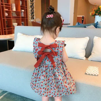 Лятна рокля на принцеса за момиченца с изгорени ръкави и цветен модел, елегантен детски сарафан с отворен гръб за рожден Ден, детски дрехи с лък от 2 до 6 години