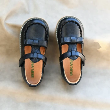 Пролетно-есенен детски ежедневни обувки от естествена кожа, Модни детски обувки от мека телешка кожа с лък, студентски обувки за малки момичета, обувки на плоска подметка