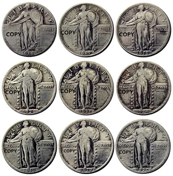 САЩ набор (1916-1924) P/S 9 бр. Стоящи една Четвърт от Свобода сребърно покритие копие монети